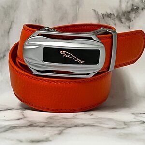 Automatic Silver Designer‎ Car Buckle Men's Orange strep Ratchet Genuine Leather